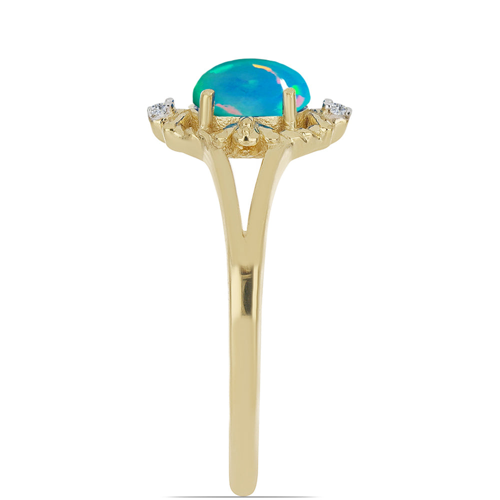 Anillo de Plata Bañada en Oro con Ópalo Azul de Lega Dembi de Etiopía y Zircón Blanco