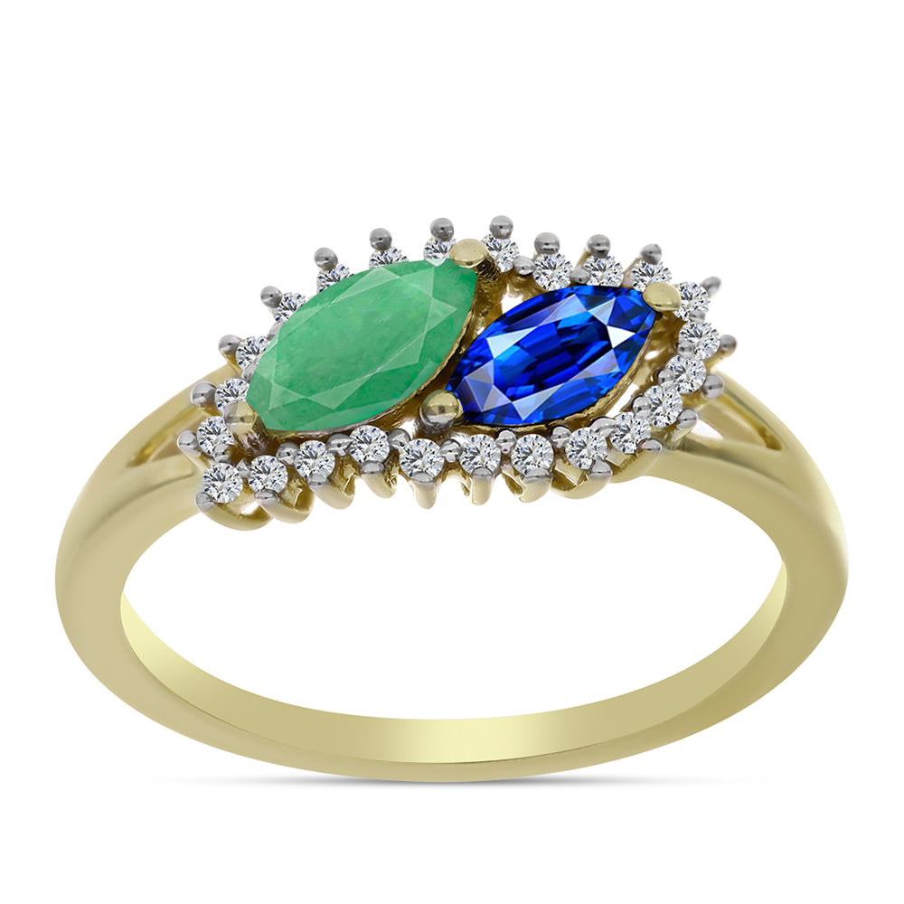 Anillo de Plata Bañada en Oro con Zafiro Azul Australiano y Esmeralda de Brasil