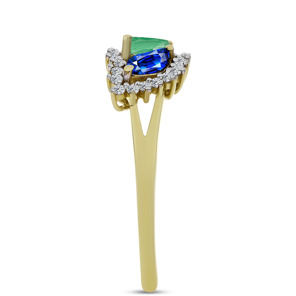 Anillo de Plata Bañada en Oro con Zafiro Azul Australiano y Esmeralda de Brasil