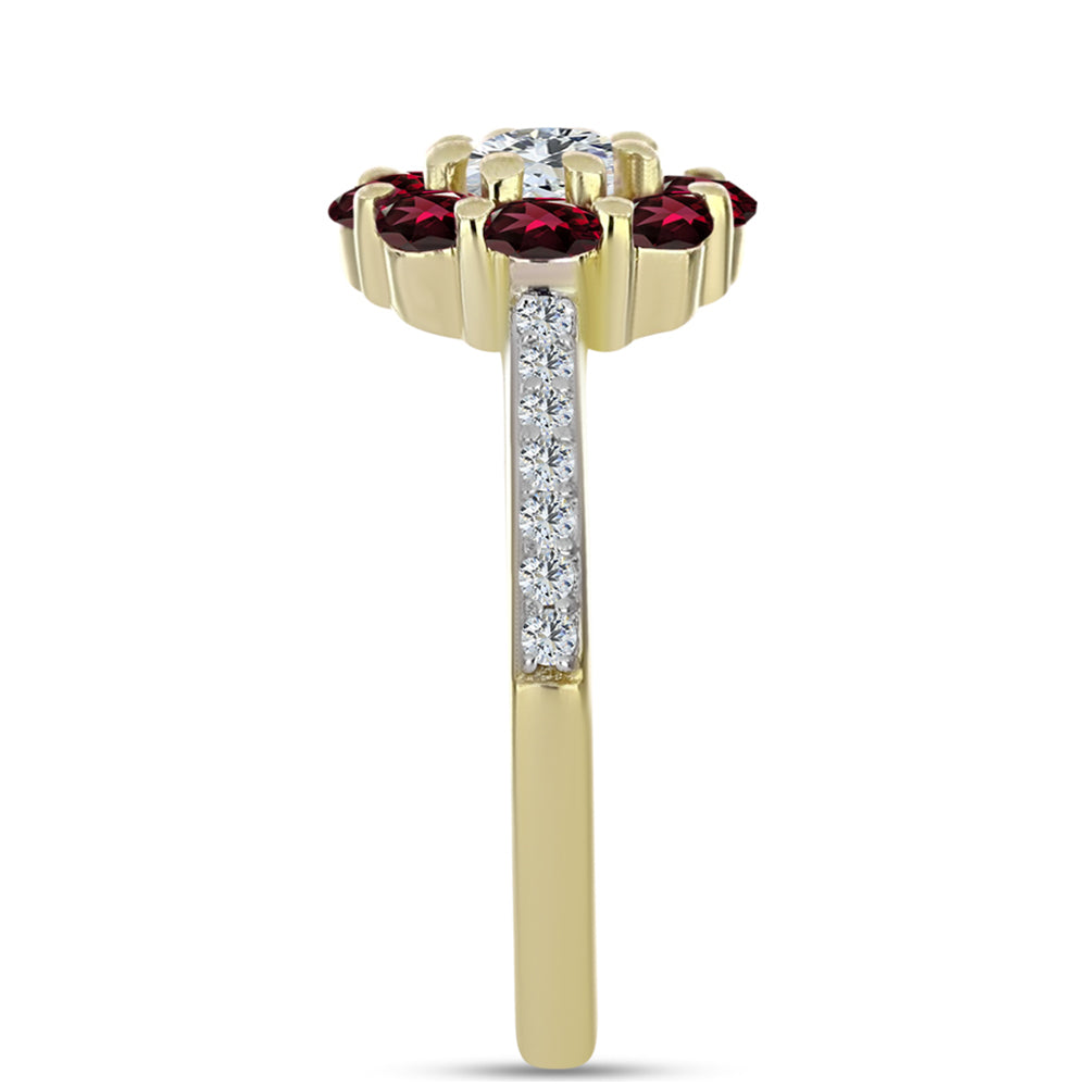 Anillo de Plata Bañada en Oro con Granate Rodolita y Topacio Blanco