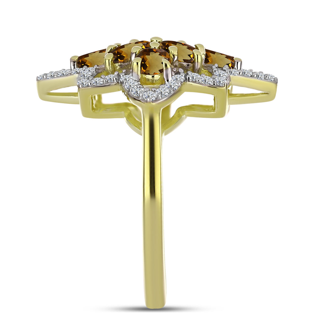 Anillo de Plata Bañada en Oro con Cuarzo Coñac y Topacio Blanco