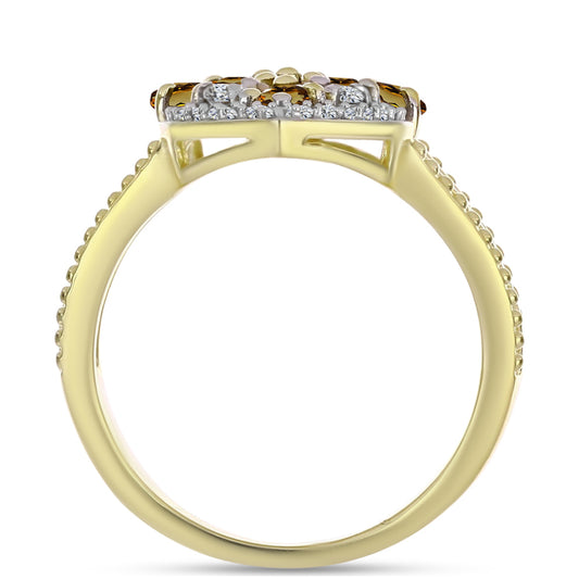 Anillo de Plata Bañada en Oro con Cuarzo Coñac y Topacio Blanco