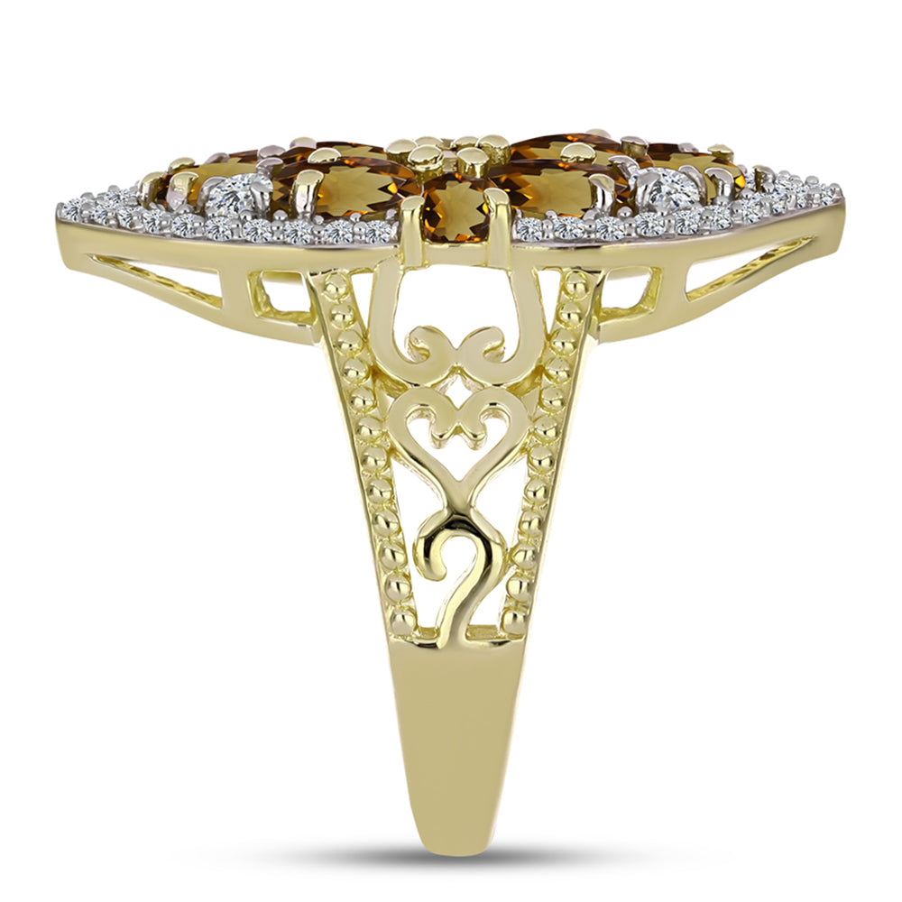 Anillo de Plata Bañada en Oro con Cuarzo Coñac y Topacio Blanco