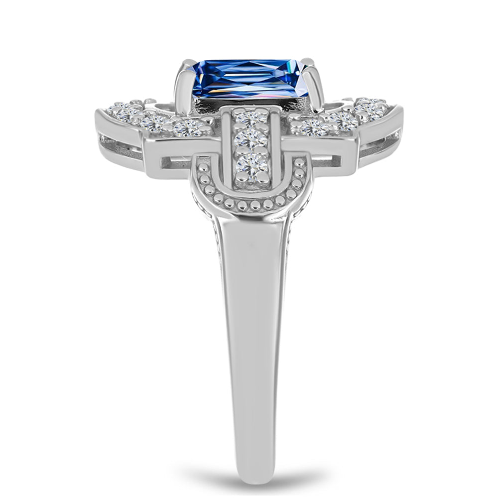 Anillo de Plata con Moisanita azul océano y Topacio Blanco