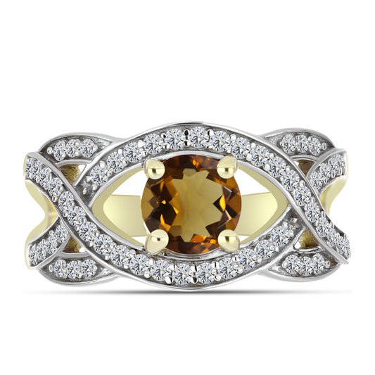 Anillo de Plata Bañada en Oro con Cuarzo Coñac y Topacio Blanco