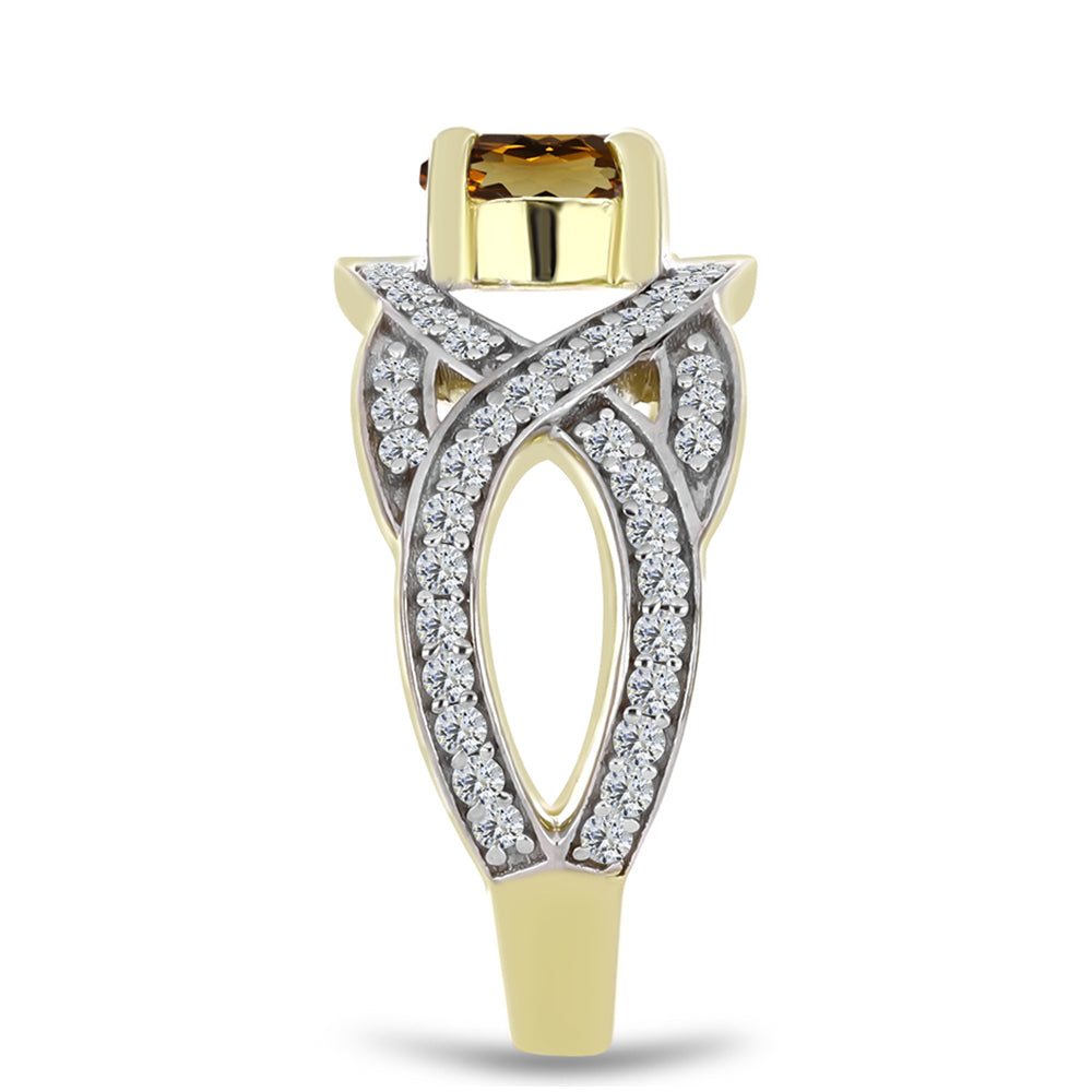 Anillo de Plata Bañada en Oro con Cuarzo Coñac y Topacio Blanco