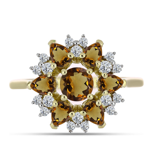 Anillo de Plata Bañada en Oro con Cuarzo Coñac y Topacio Blanco