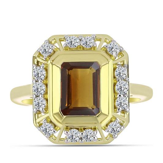 Anillo de Plata Bañada en Oro con Cuarzo Coñac y Topacio Blanco