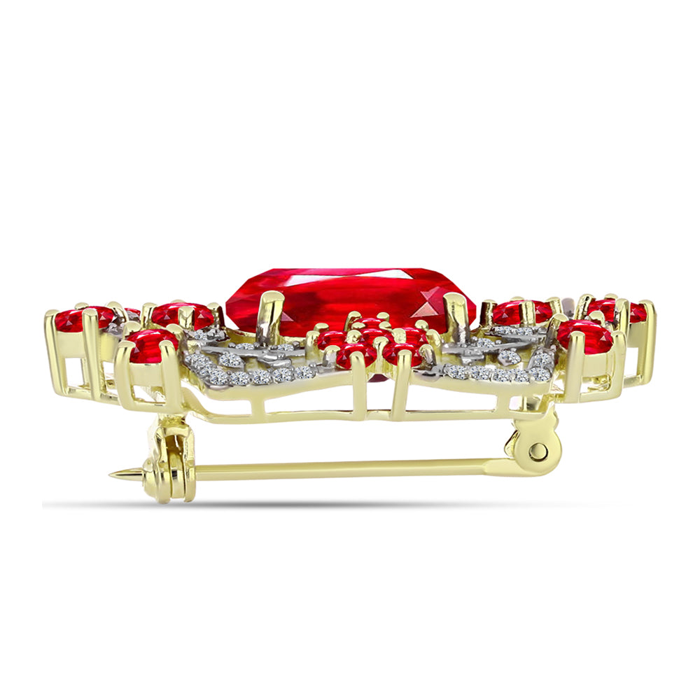 Broche de Plata Bañada en Oro con Ágata Roja y Topacio Blanco