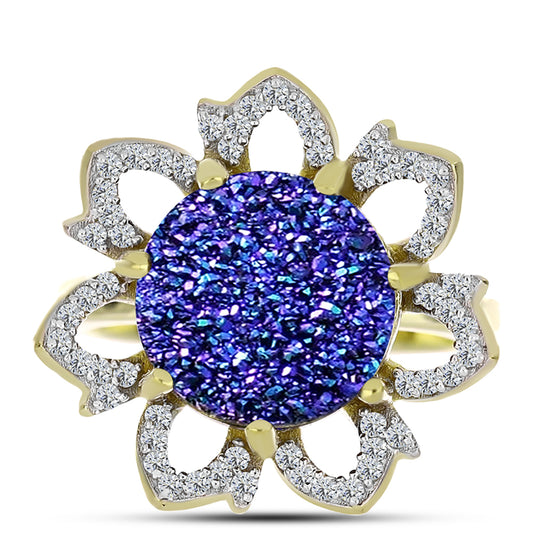 Anillo de Plata Bañada en Oro con Drusa Purpura y Topacio Blanco