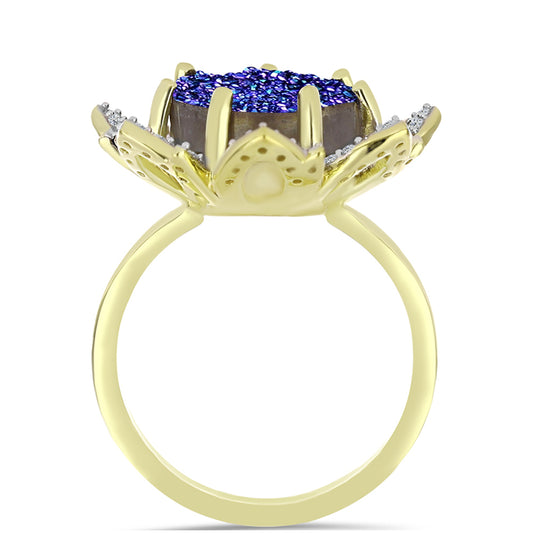 Anillo de Plata Bañada en Oro con Drusa Purpura y Topacio Blanco