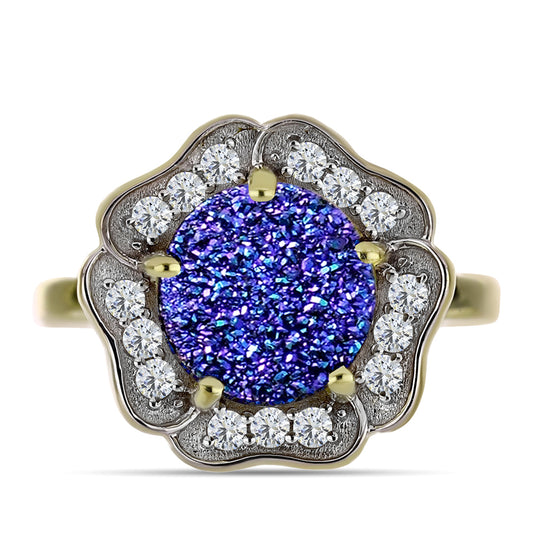 Anillo de Plata Bañada en Oro con Drusa Purpura y Topacio Blanco