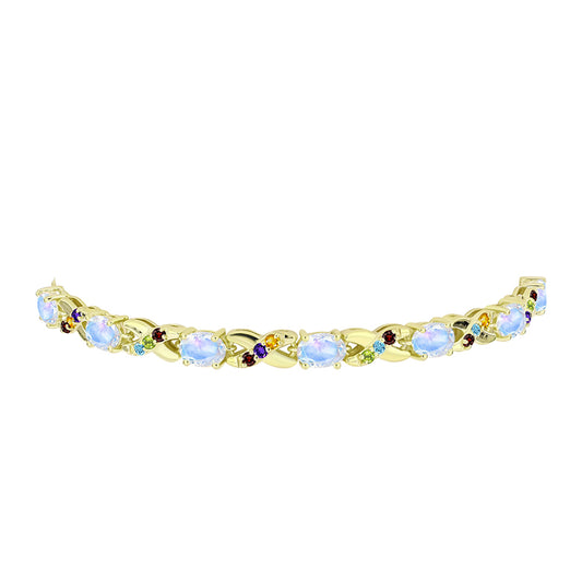 Pulsera de Plata Bañada en Oro con Piedra Lunar Arco Iris y Amatista de Marruecos