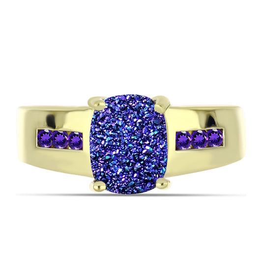 Anillo de Plata Bañada en Oro con Drusa Purpura y Amatista de Marruecos