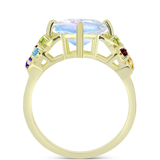 Anillo de Plata Bañada en Oro con Piedra Lunar Arco Iris y Amatista de Marruecos