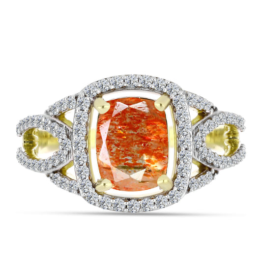 Anillo de Plata Bañada en Oro con Piedra Solar de Oregon y Topacio Blanco