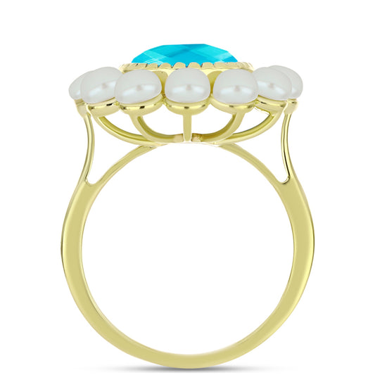 Anillo de Plata Bañada en Oro con Jade Azul y Perla de Agua Dulce