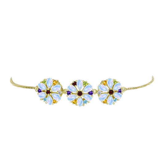 Pulsera de Plata Bañada en Oro con Piedra Lunar Arco Iris y Amatista de Marruecos