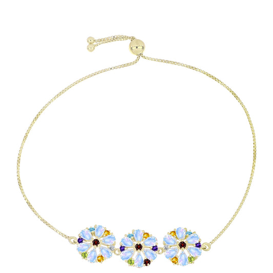 Pulsera de Plata Bañada en Oro con Piedra Lunar Arco Iris y Amatista de Marruecos
