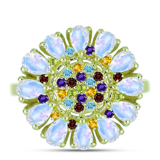 Anillo de Plata Bañada en Oro con Piedra Lunar Arco Iris y Amatista de Marruecos