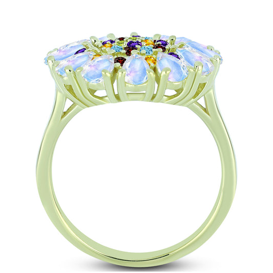 Anillo de Plata Bañada en Oro con Piedra Lunar Arco Iris y Amatista de Marruecos