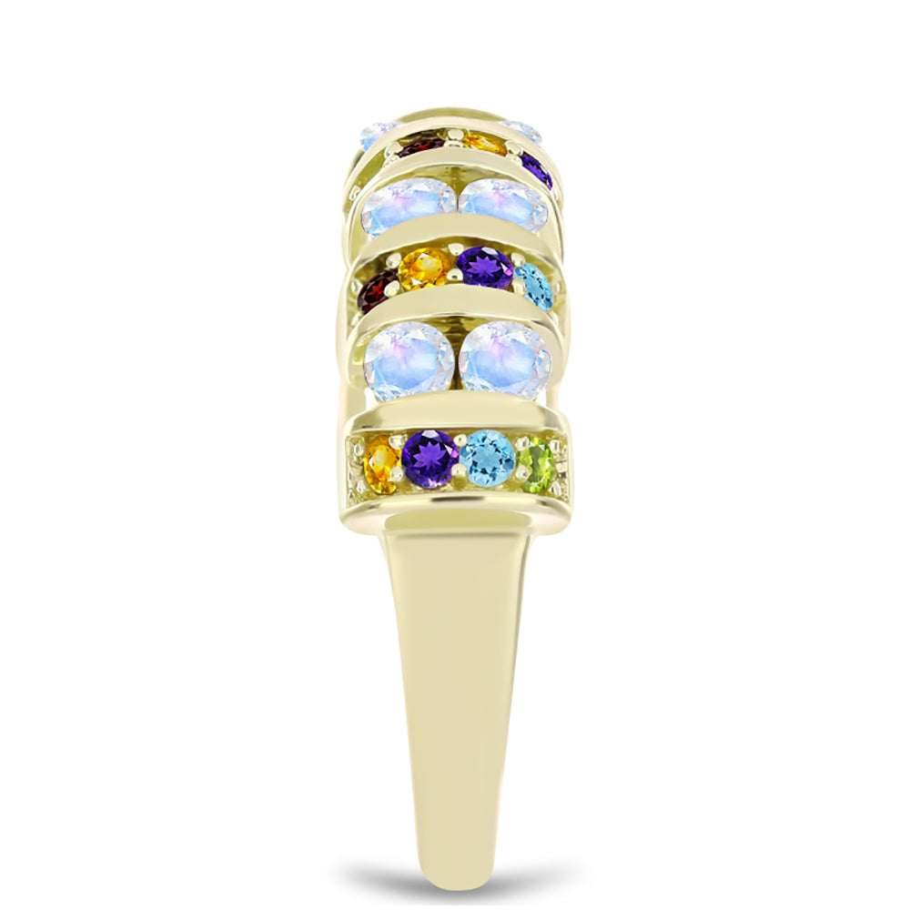 Anillo de Plata Bañada en Oro con Piedra Lunar Arco Iris y Amatista de Marruecos