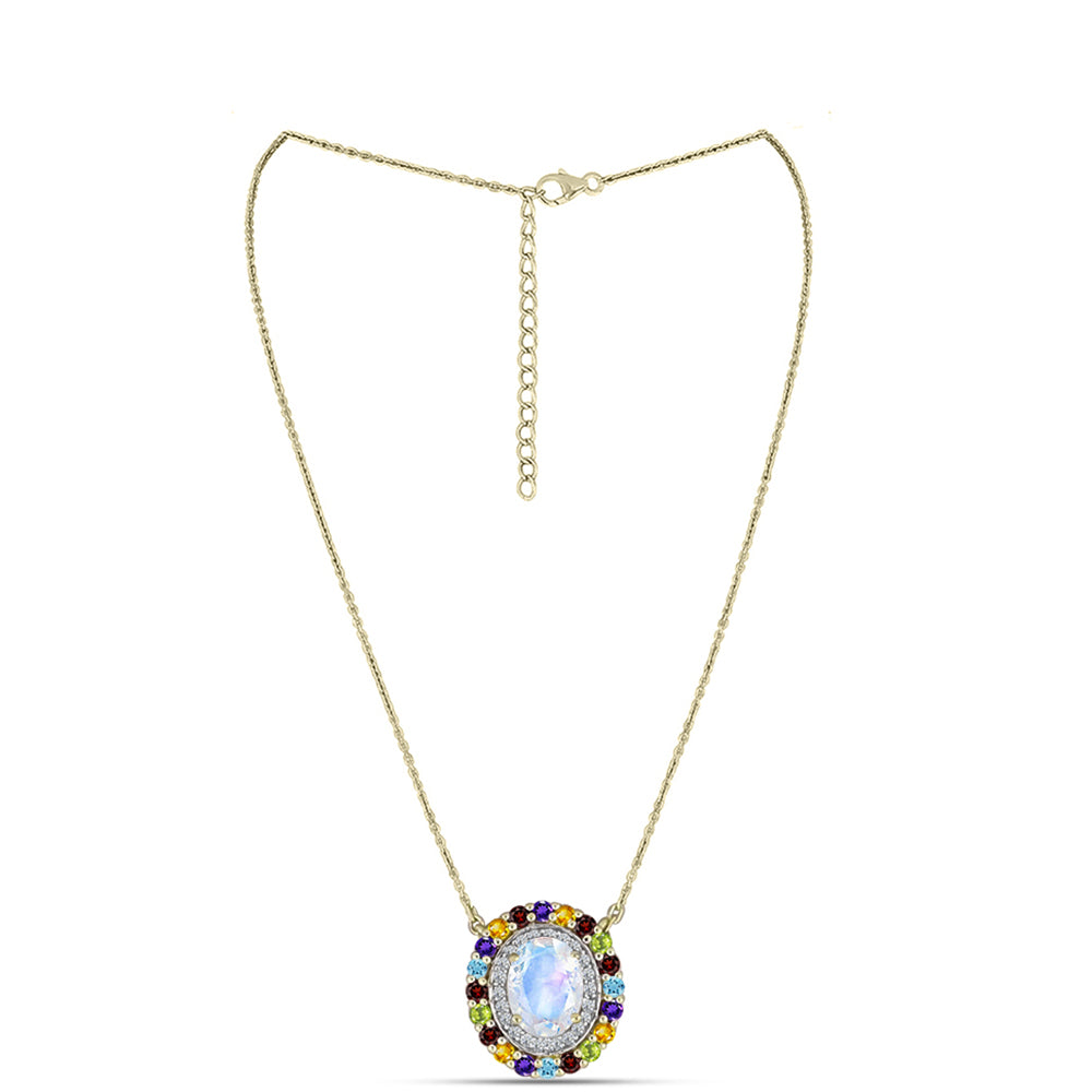 Collar de Plata Bañada en Oro con Piedra Lunar Arco Iris y Amatista de Marruecos