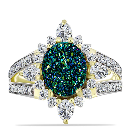 Anillo de Plata Bañada en Oro con Drusa Verde y Topacio Blanco