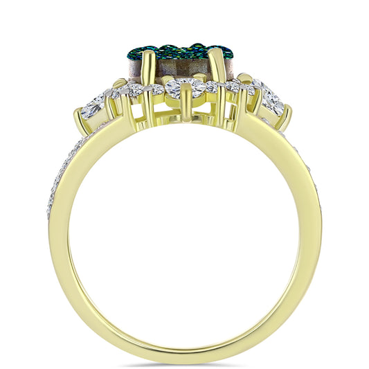 Anillo de Plata Bañada en Oro con Drusa Verde y Topacio Blanco