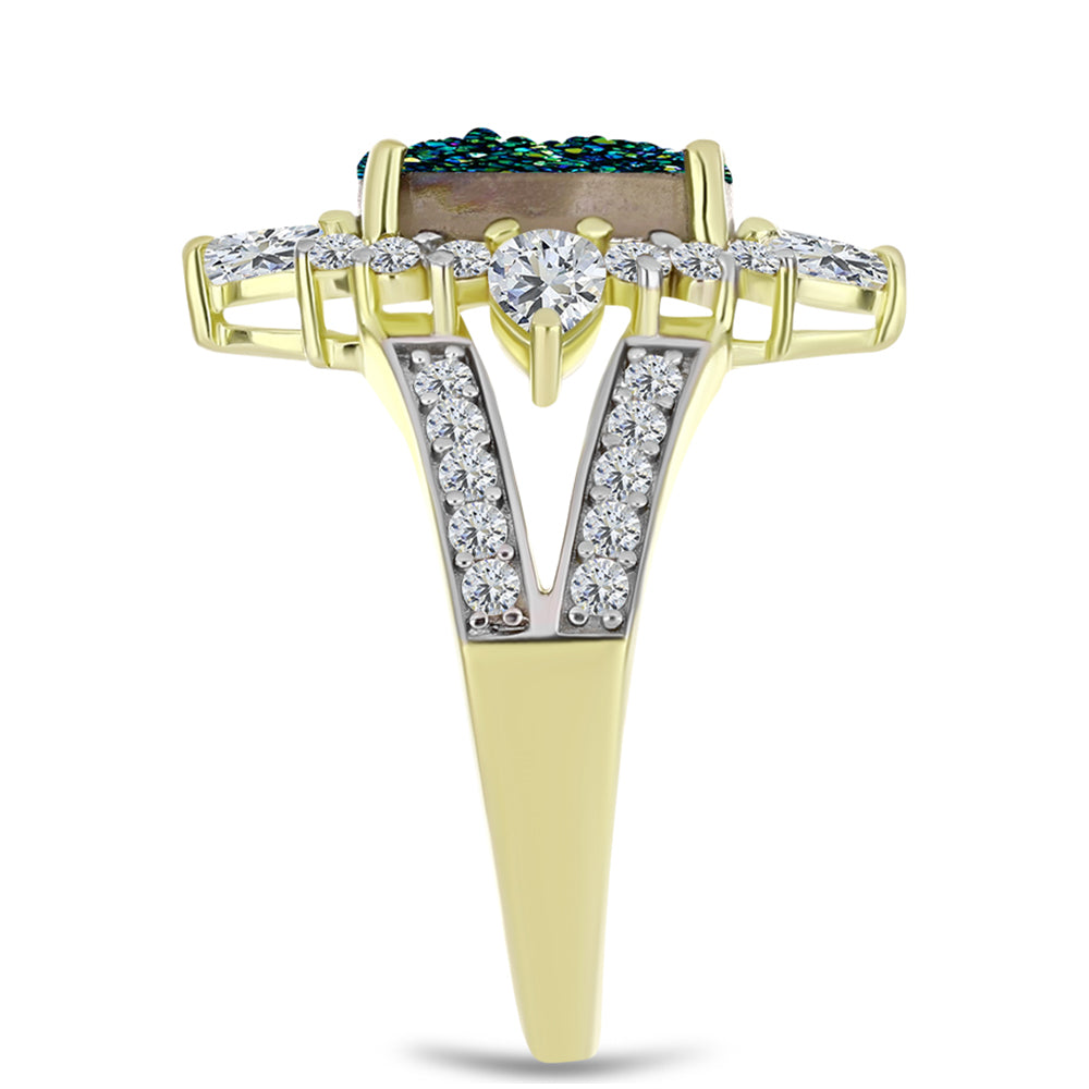 Anillo de Plata Bañada en Oro con Drusa Verde y Topacio Blanco