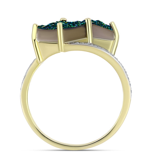 Anillo de Plata Bañada en Oro con Drusa Verde y Topacio Blanco