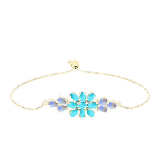 Pulsera de Plata Bañada en Oro con Turquesa Bella Durmiente y Piedra Lunar Arco Iris