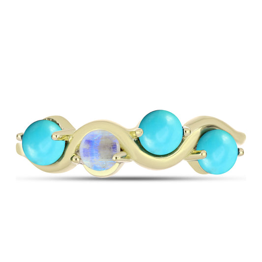 Anillo de Plata Bañada en Oro con Turquesa Bella Durmiente y Piedra Lunar Arco Iris