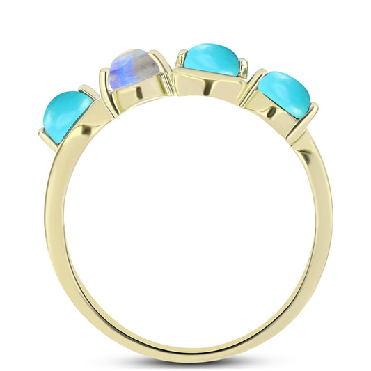 Anillo de Plata Bañada en Oro con Turquesa Bella Durmiente y Piedra Lunar Arco Iris