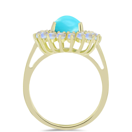 Anillo de Plata Bañada en Oro con Turquesa Bella Durmiente y Piedra Lunar Arco Iris