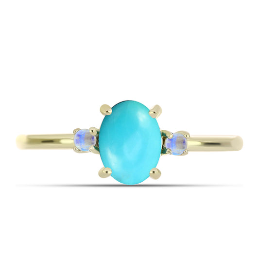 Anillo de Plata Bañada en Oro con Turquesa Bella Durmiente y Piedra Lunar Arco Iris