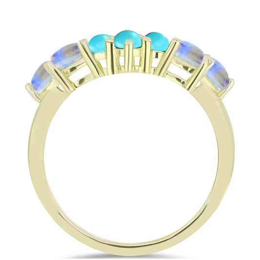 Anillo de Plata Bañada en Oro con Turquesa Bella Durmiente y Piedra Lunar Arco Iris
