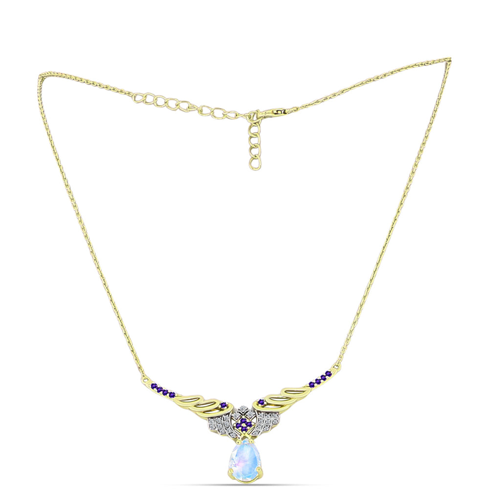 Collar de Plata Bañada en Oro con Piedra Lunar Arco Iris y Amatista de Marruecos