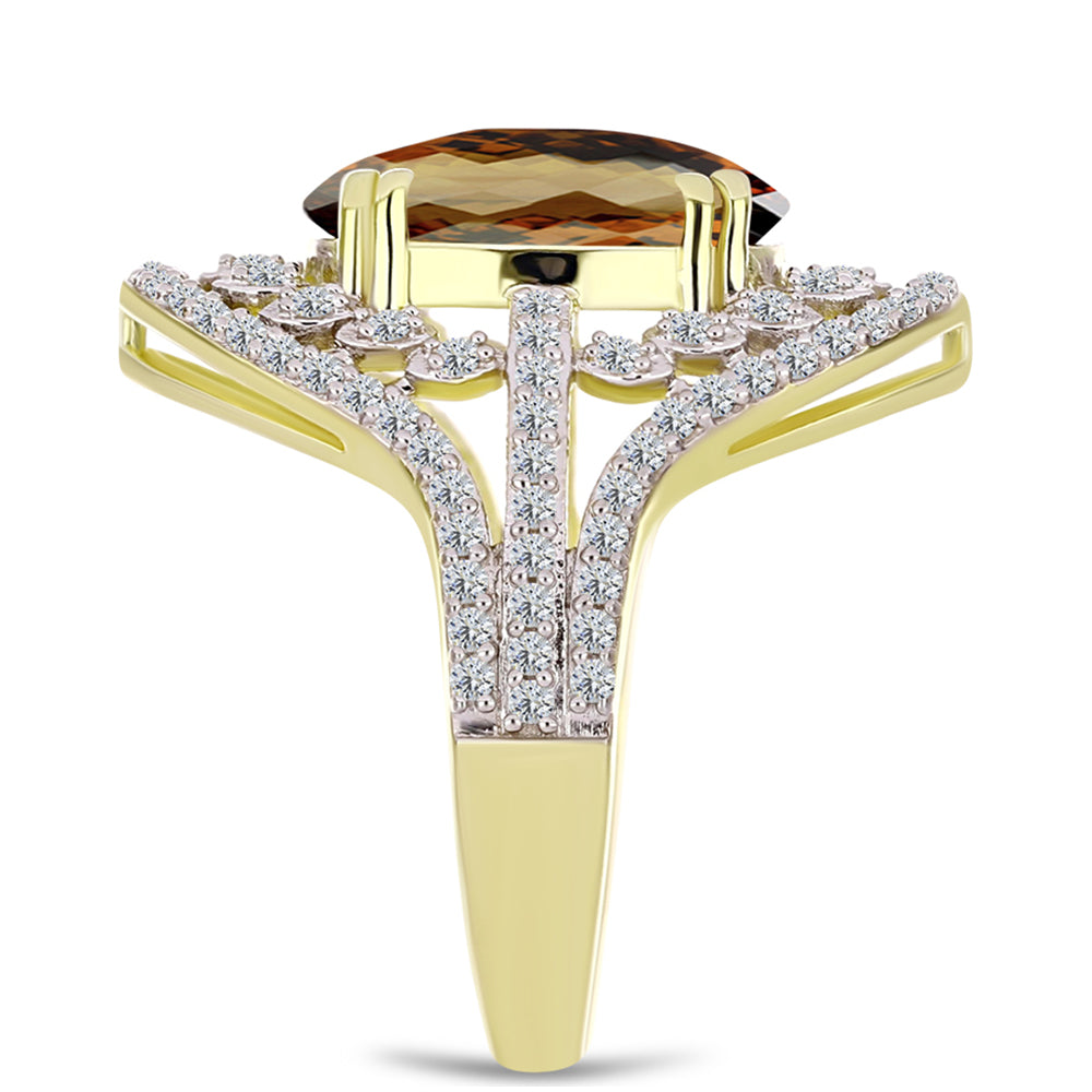 Anillo de Plata Bañada en Oro con Cuarzo Coñac y Topacio Blanco