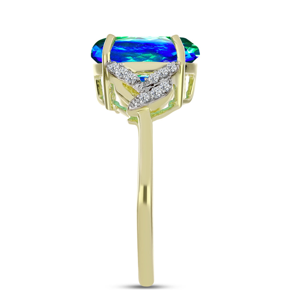 Anillo de Plata Bañada en Oro con Cuarzo Pavo Real y Topacio Blanco
