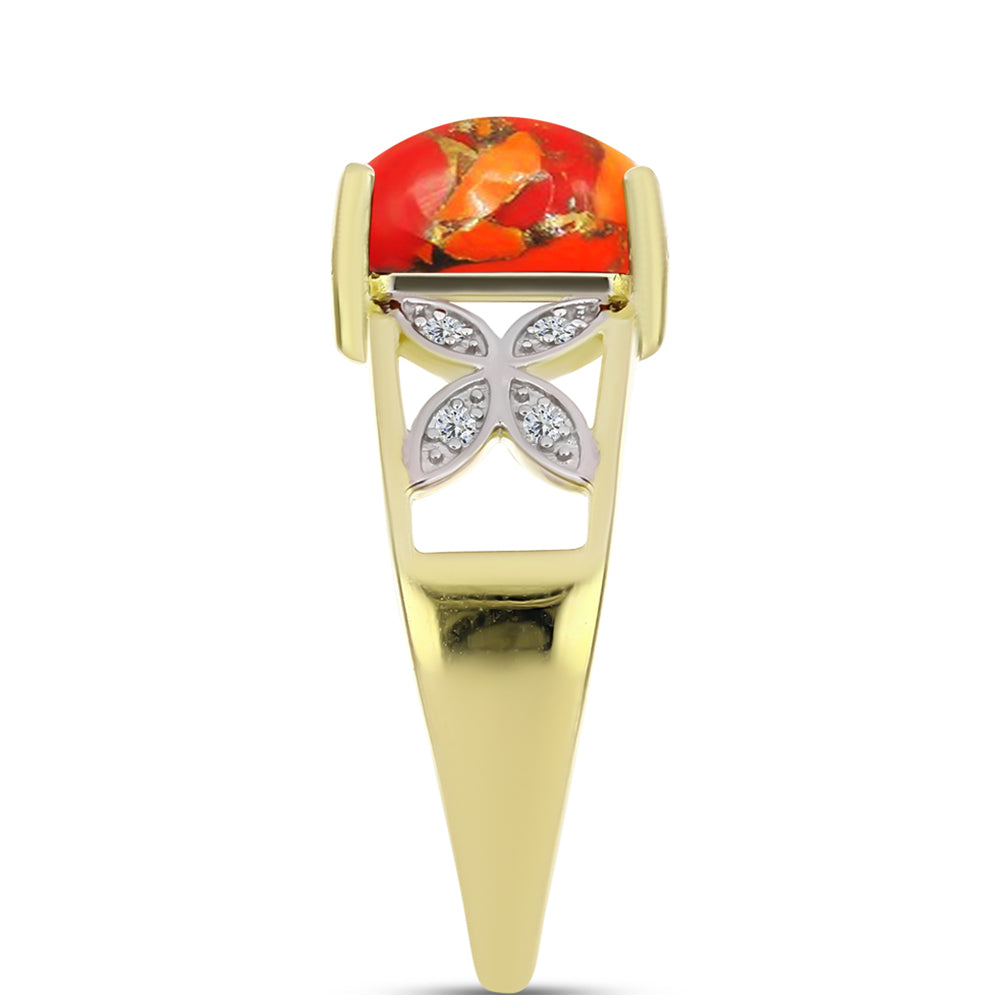 Anillo de Plata Bañada en Oro con Turquesa de Mohave y Topacio Blanco
