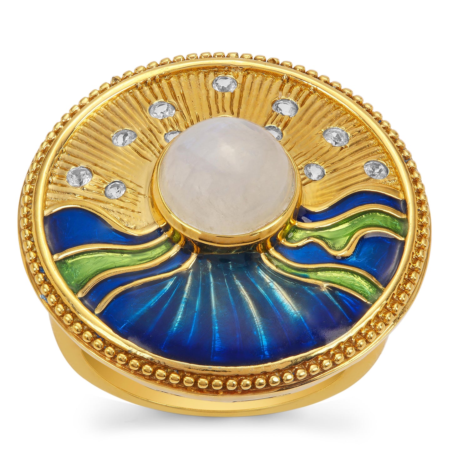 Anillo de Plata Bañada en Oro con Piedra Lunar Arco Iris y Topacio Blanco