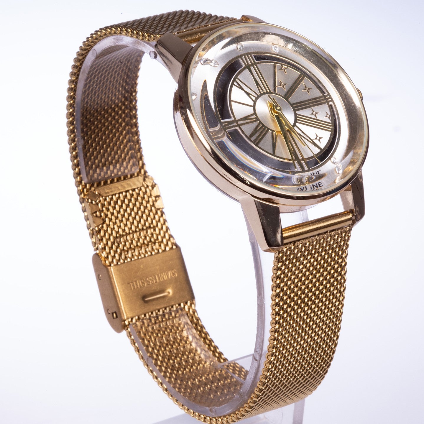 Reloj de moda para mujer con banda de acero, color dorado