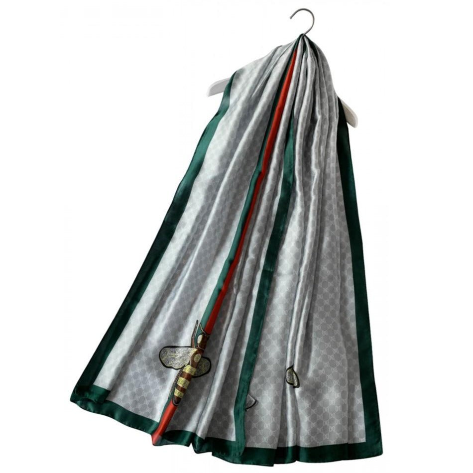 Bufanda-Mantón de Seda, 90 cm x 180 cm, Abeja de Moda con Borde, Gris Plata