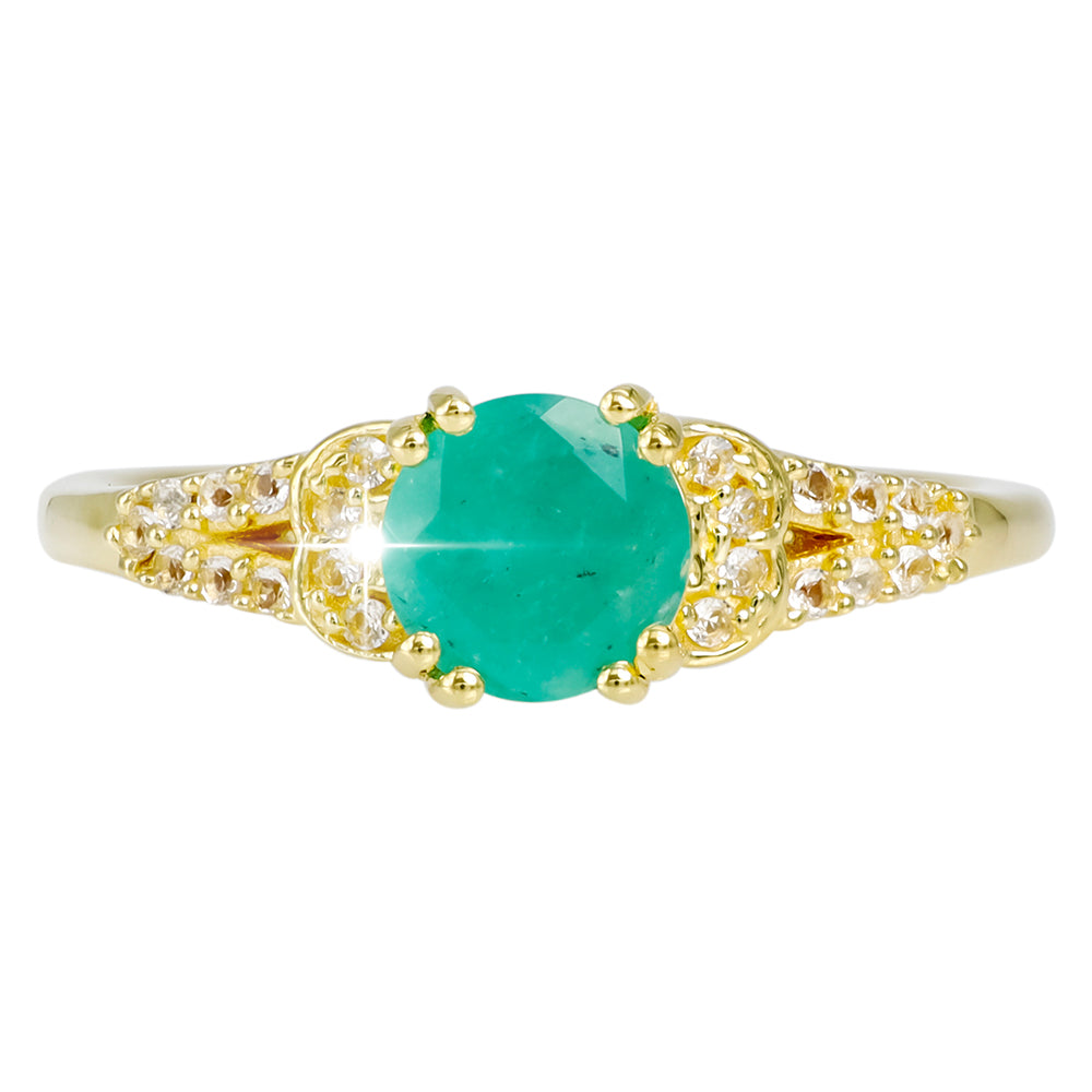 Anillo de Plata Bañada en Oro con Esmeralda de Sakota y Topacio Blanco