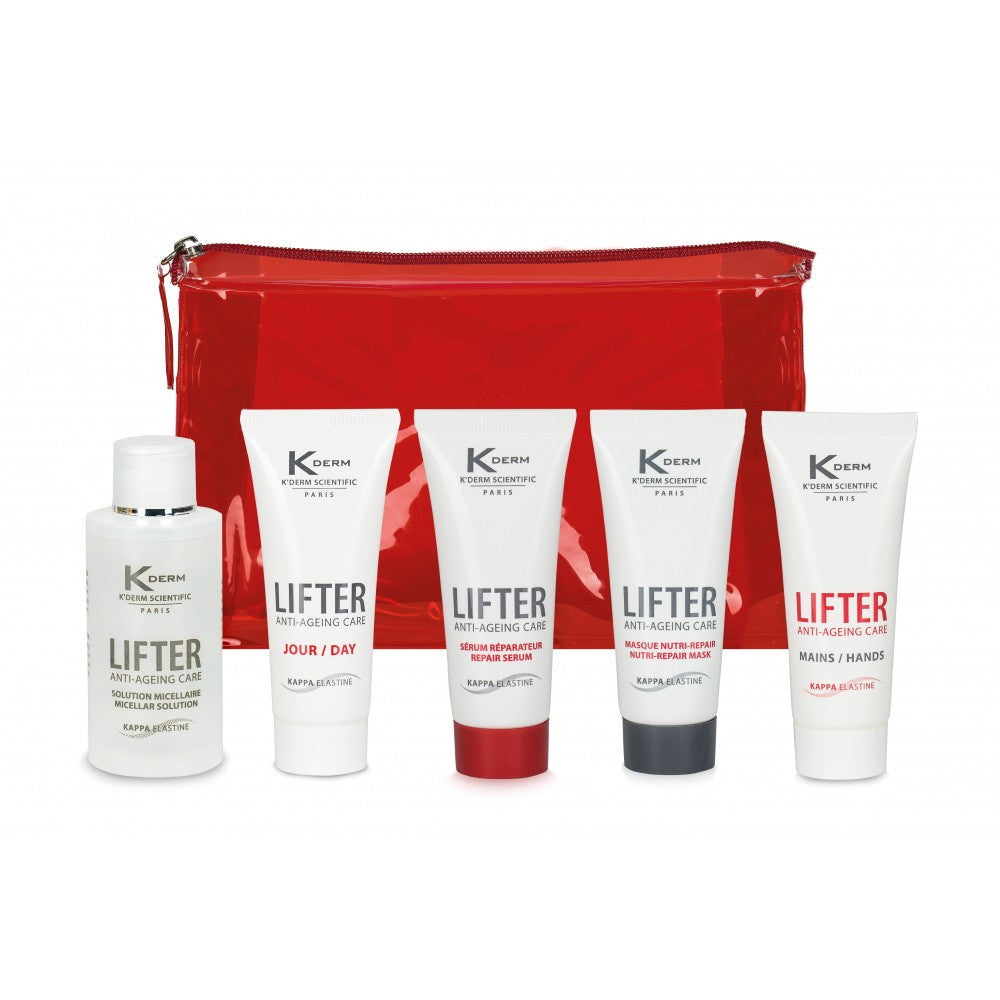 Paquete de viaje Vivaligne K'derm - 5 productos cosméticos antienvejecimiento con kappa-elastina (agua micelar 50 ml, crema de día 20 ml, sérum reparador 20 ml, mascarilla regeneradora y nutritiva 20 ml, crema de manos 20 ml)