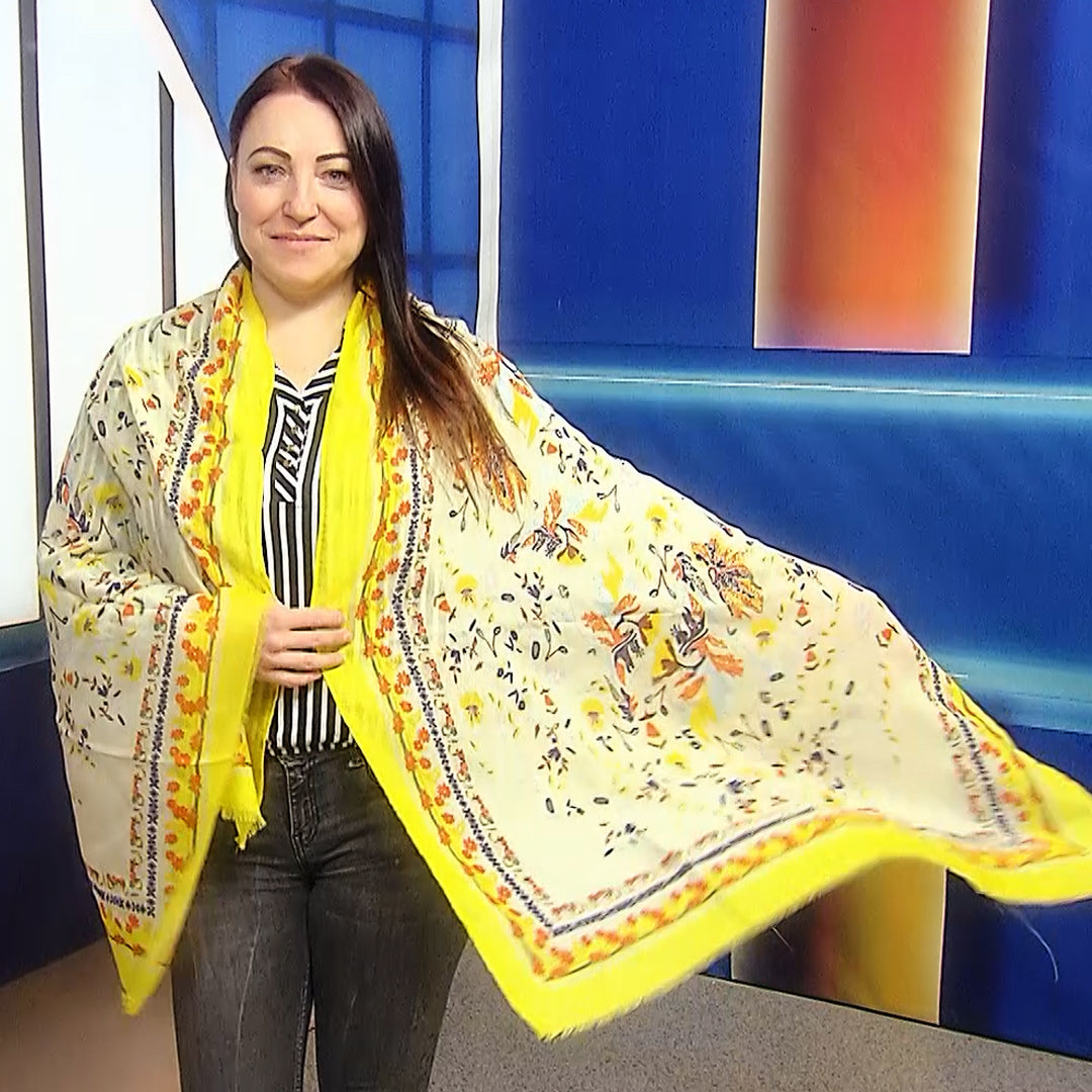 Bufanda-chal amarillo con estampado de flores deshilachadas, estilo folclórico brillante, 90 cm x 180 cm