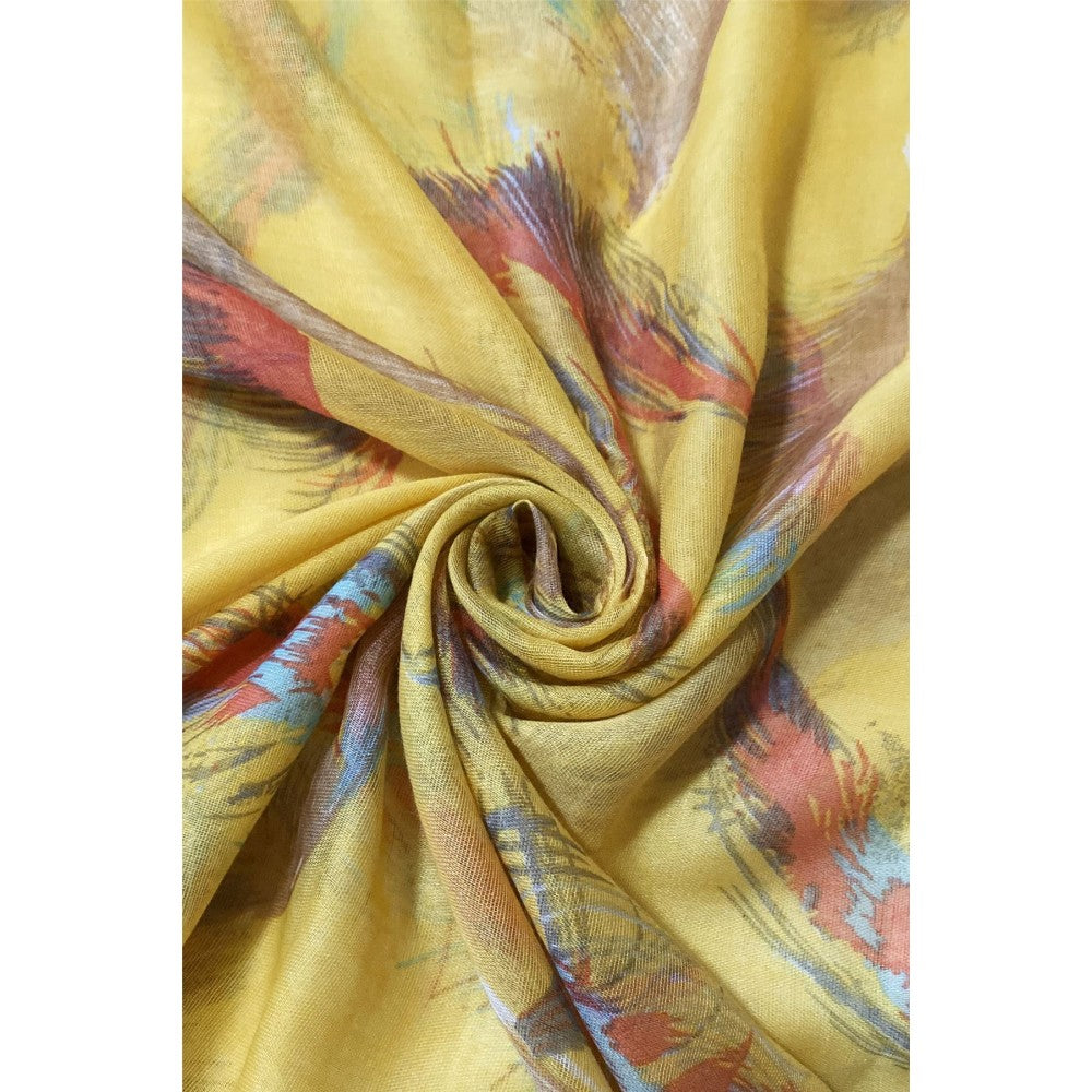 Bufanda-chal amarillo con estampado de plumas flotantes, 90 cm x 180 cm