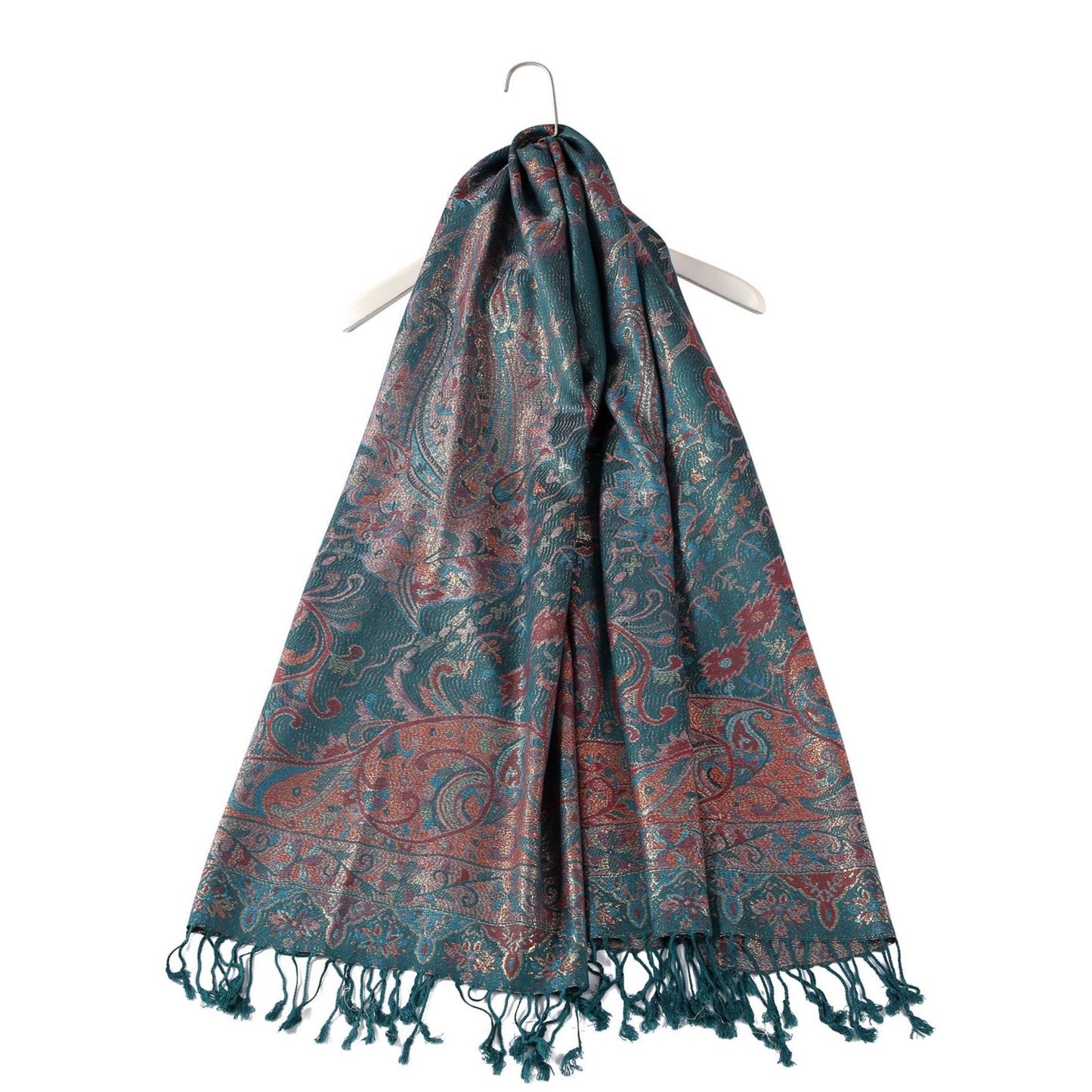 Bufanda de cachemira 100% Pashmina auténtica, 70 cm x 180 cm, paisley verde azulado, brillante