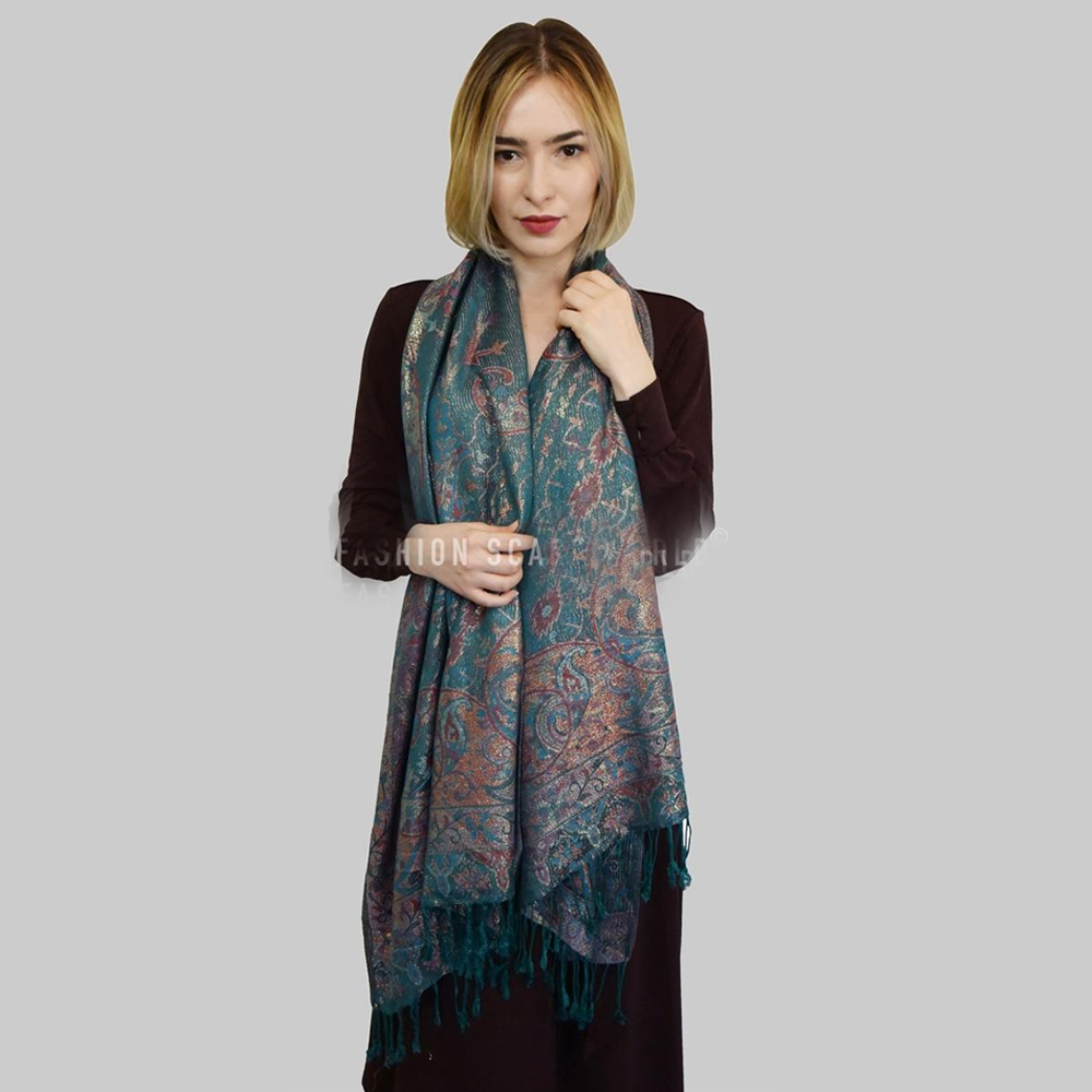 Bufanda de cachemira 100% Pashmina auténtica, 70 cm x 180 cm, paisley verde azulado, brillante
